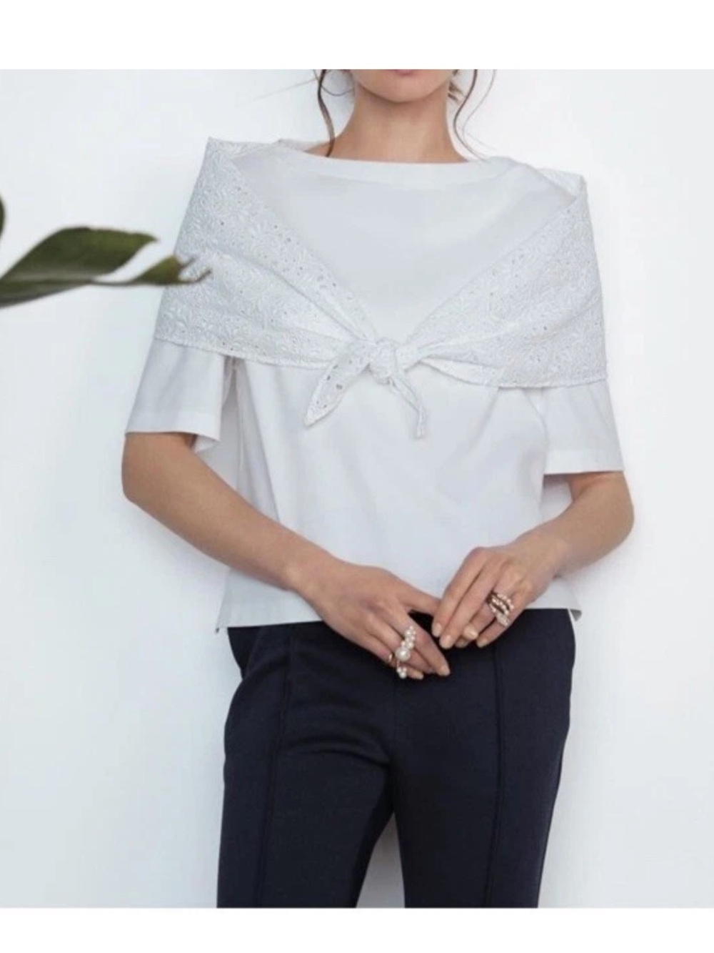 NWT $525 ADEAM JAPAN INTERMIX "SAILOR" WHITE EMBROIDERED EYELET SCARF TOP XS